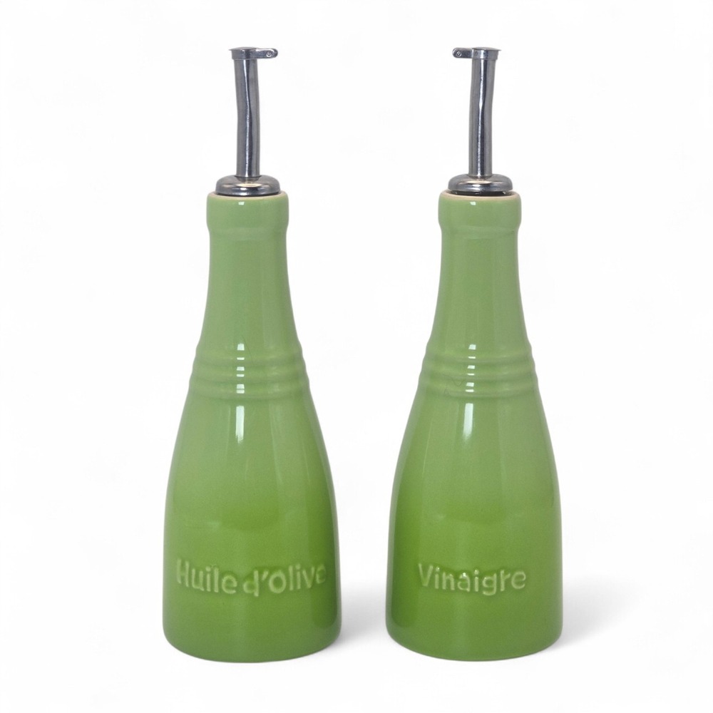 Le Creuset Green Ombre Oil Vinegar Cruet Set 9" Ceramic Dispenser Bottles